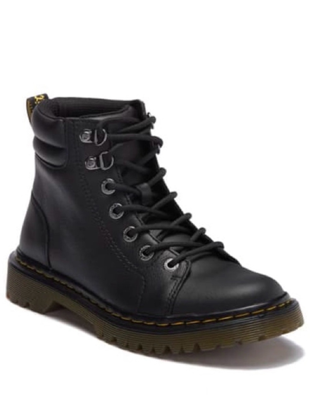 Dr. Martens Women's Black Lace-Up Combat Boot with Yellow Stitching
